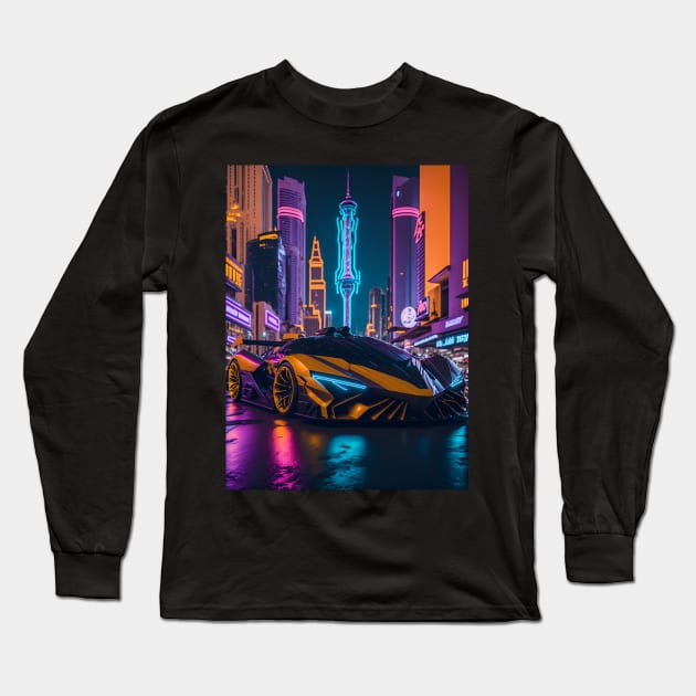 Dark Neon Sports Car in Japanese Neon City Long Sleeve T-Shirt by star trek fanart and more